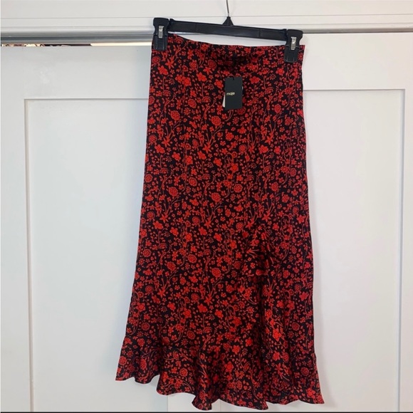 Maje satin red and black floral skirt, never worn, sz 34/00 - Picture 5 of 8